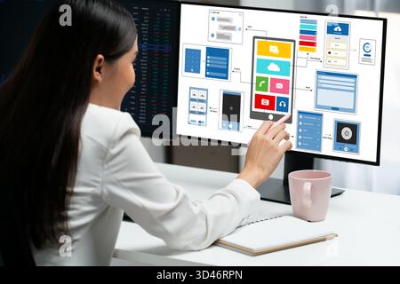 UX UI design process for brisk mobile application and website . Creative prototype of wireframe for professional app developer . Stock Photo