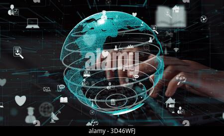 A conceptual representation of global connectivity featuring a stylized Earth and various communication icons, illustrating modern digital interaction Stock Photo