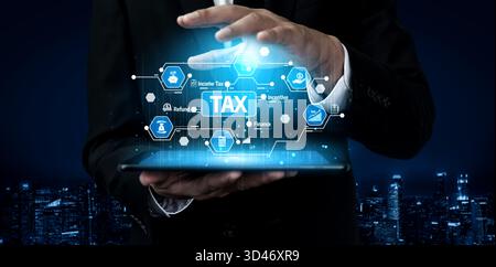 A professional in a suit interacts with a futuristic digital interface showcasing tax solutions against a high-tech cityscape, representing modern Stock Photo