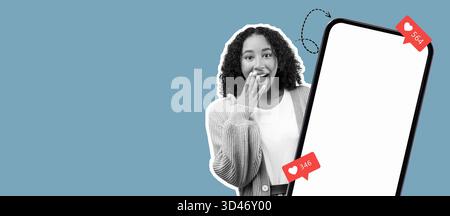 Collage of Social Media Engagement Showcasing a Surprised Young Woman With Her Smartphone Stock Photo