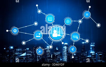 This image illustrates a modern digital connectivity concept with blue nodes and a city skyline, representing networking and technological interaction Stock Photo