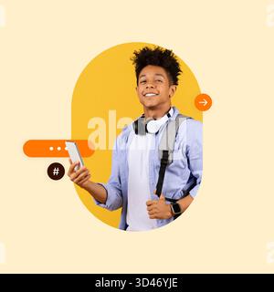 Young Man Smiling and Holding Smartphone While Wearing Headphones and a Backpack Stock Photo