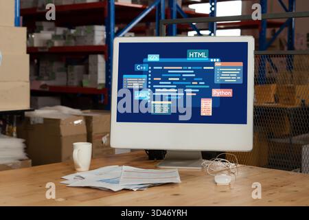 Software development or programming work with coding screen of various programming languages like HTML, , , and C brisk for new application Stock Photo