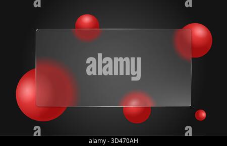 Frosted glassmorphism background. Blurred 3D spheres and glossy gradients. Realistic matte glass morphism design for trendy UI or web mockup. Modern abstract template. Soft light and geometric glow Stock Vector