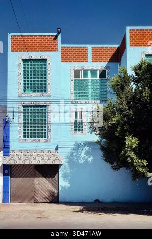 Colorful modern building with blue facade glass block windows and ornamental tile details next to a tree on a sunny street Stock Photo