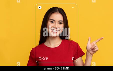 Smiling Woman Showcasing Social Media Frame Against Bright Yellow Background Stock Photo