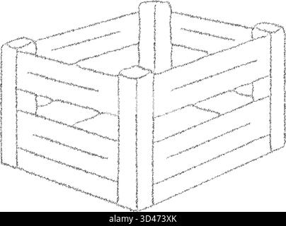 Rustic open wooden crate with slatted sides and corner posts, drawn in light black-and-white line art for storage and market themes. Stock Vector