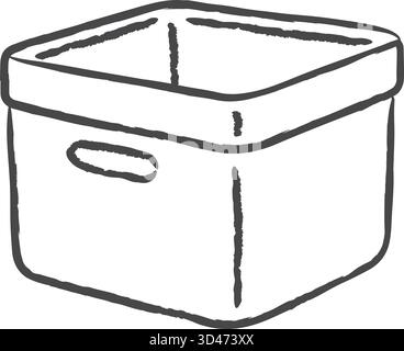 Open rectangular fabric storage bin with a reinforced rim and side handle, drawn in bold black-and-white line art. Stock Vector