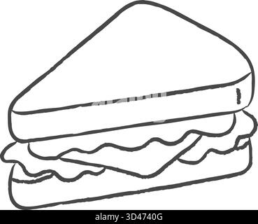 Hand-drawn triangular sandwich with layered filling between two slices of bread, illustrated in simple black-and-white outline. Stock Vector