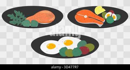 Salmon steak Fried Eggs with Greens and Boiled Egg Healthy Food Various Presentation in Black Dishes. Isolated Vector illustration Sticker Icon Healthy Eating Related content Menu cards, leaflets Set Stock Vector