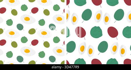 Fried Egg with Lettuce and half Hard Boiled egg Seamless Pattern Healthy Eating Backdrop Flat Design. Isolated Vector illustration Healthy Food Themed Menu Cards Banner, leaflets, label, price, poster Stock Vector