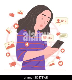 Woman Watching Social Media Content and Chatting on Smartphone for Social Media Addiction and FOMO Concept Illustration Stock Vector