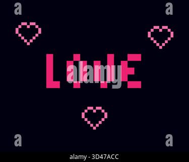 Lettering Love and decorative hearts around Pixel Art Greetings St Valentines Day Minimalist Design. Vector illustration St Valentines Day Thematic cards, social media post, posters, leaflets, labels Stock Vector