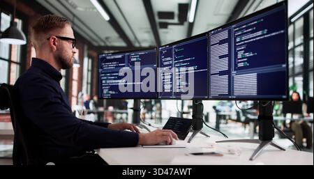 Tech-savvy Programmer Creates Innovative Code On Office Desktop Computer Screen. Stock Photo