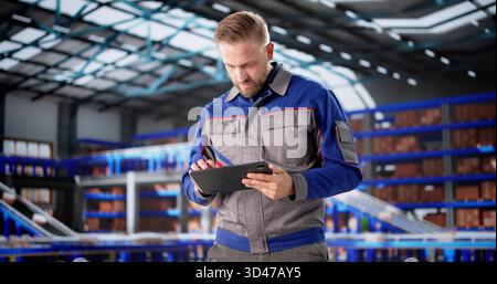 Efficient Manager Inspecting OSHA Compliance In Busy Logistics Warehouse. Young Man Using Tablet To Manage Inventory Stock Photo