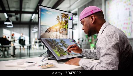 Talented African American Man Edits Graphic Design Videos On Computer. Stock Photo