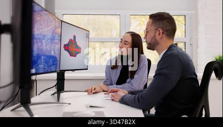 Engineer Training On CAD Software For CNC Mechanical Design And Manufacturing. Stock Photo
