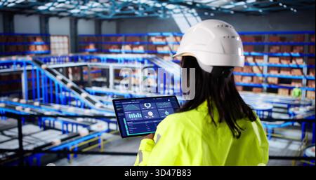 Female Logistic Technician Using Tablet In Warehouse Inventory Management Center Stock Photo