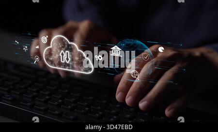 Cloud computing, cloud strategy, and cloud technology transforming digital infrastructure with scalable services, secure data storage, and cloud-based Stock Photo