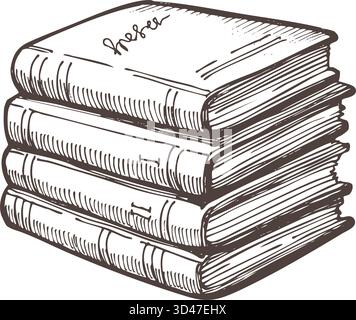 Vintage vector illustration of a stack of books, drawn with ink in a hand-drawn linear style. Perfect for education designs, libraries, stationery Stock Vector