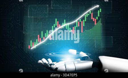 A futuristic robotic hand interacts with digital stock market data, exemplifying the intersection of technology and finance, and representing Stock Photo