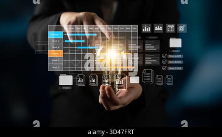 Digital visualization of multiple project timelines with progress tracking, documents, and team collaboration symbols Parse Stock Photo