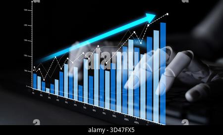 A visual representation of financial growth with a hand typing on a keyboard. The image features a graph displaying an upward trend in data analytics Stock Photo
