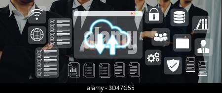 Cloud upload and download icon with surrounding data management, security, and analytics icons in digital interface Parse Stock Photo