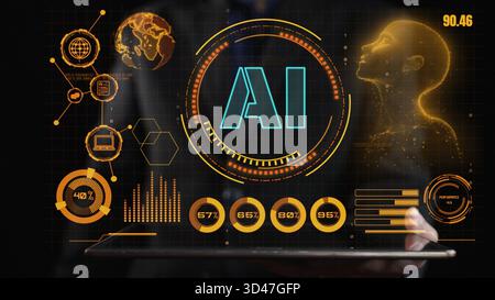 Explore a futuristic AI dashboard featuring data visualization and a human silhouette, showcasing global connections and advanced technology in a high Stock Photo