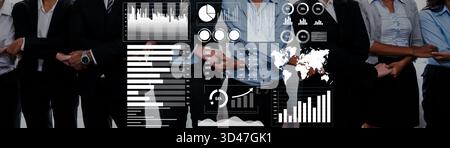 Group of diverse business professionals engaged in a collaborative environment, overlaid with data graphics, charts, and analytics for corporate Stock Photo