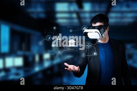 A person explores the realm of online banking using virtual reality technology, showcasing the future of finance with a modern digital interface and Stock Photo