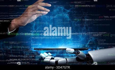 A striking image showcasing the interaction between a human hand and a robotic hand, surrounded by digital code and data visualization, representing Stock Photo
