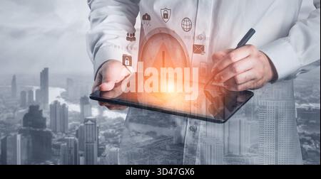 Red warning triangle representing a cybersecurity threat or data breach alert, surrounded by digital security and network protection icons Stock Photo