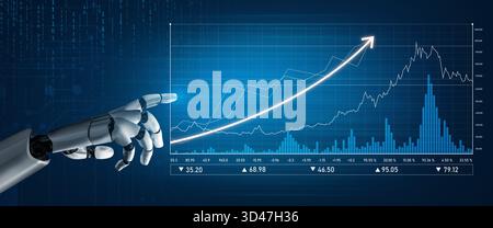 Robotic hand interacts with digital financial data charts, showcasing upward trends in stock market performance, emphasizing technology and data Stock Photo