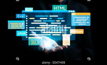 A visually stunning holographic display shows various programming languages and code snippets, representing modern technology and innovation in Stock Photo
