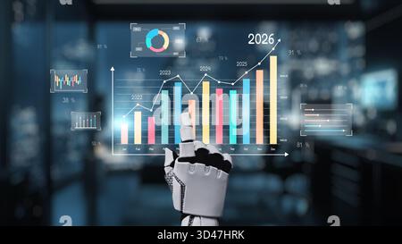 A robotic hand interacts with dynamic digital graphs in a modern office. This image captures technology role in analyzing business metrics and Stock Photo