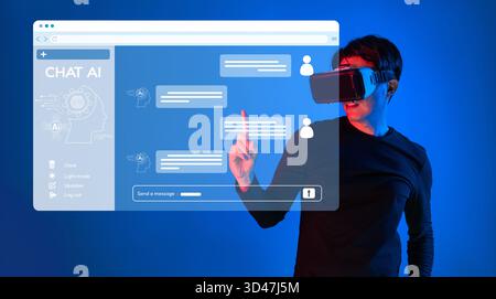 Experience a dynamic interaction with an AI chatbot in virtual reality. This image showcases innovative technology for user engagement and Stock Photo