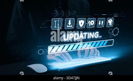 This stock photo captures hands interacting with a futuristic keyboard, featuring a holographic interface that displays a loading progress bar and an Stock Photo
