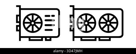 simple black outline icons representing a Graphics Processing Unit GPU or video card with single and dual cooling fans computer hardware gaming Stock Vector