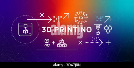 3D Printing additive manufacturing process icons include 3D printer extruder and cubes representing rapid prototyping and digital fabrication Stock Vector