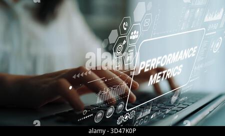 Businesswoman Analyzing Performance Metrics on Digital Interface with Graphs and Data Visualizations. Asymptotic smart data analytic. Stock Photo