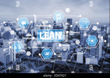 Visual representation of Lean methodology concepts over a modern city skyline, highlighting the importance of efficiency, production, and waste Stock Photo
