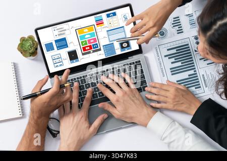 UX UI design process for brisk mobile application and website . Creative prototype of wireframe for professional app developer . Stock Photo