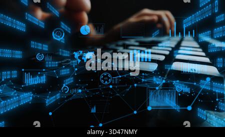 Image shows a close-up of hands typing on a keyboard amidst floating digital graphs and data. Ideal for concepts related to technology, analysis, and Stock Photo