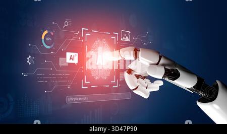 A generative AI assistant showcases its creative platform. The interface allows users to enter prompts to generate images, chat with the AI, and Stock Photo