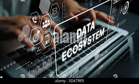 Hands on Laptop Keyboard with Data Ecosystem Concept and Technology Interface Graphics in Modern Workspace. Asymptotic smart data analytic. Stock Photo