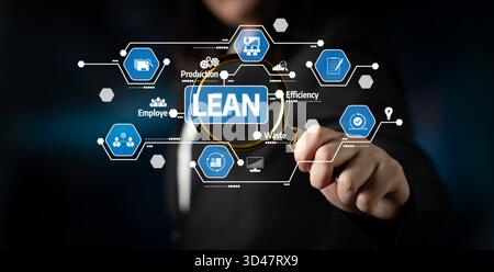 A business professional demonstrates lean management principles, focusing on efficiency, waste reduction, and employee empowerment through interactive Stock Photo