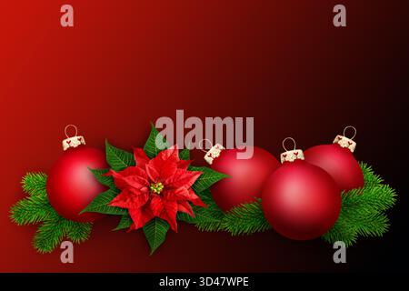 Red Christmas decoration with balls, winter rose and fir branches Stock Photo