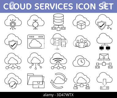 Cloud Services Line Art Icon Set. Computing, Data Storage, Networking, and Database Vector Symbols for Modern Technology and IT Infrastructure. Stock Vector