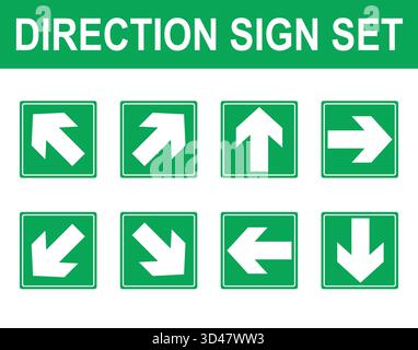 Comprehensive Directional Arrow Sign Vector Set. Green Square Safety Pictograms for Emergency Exit, Evacuation, and Wayfinding Navigation. Stock Vector